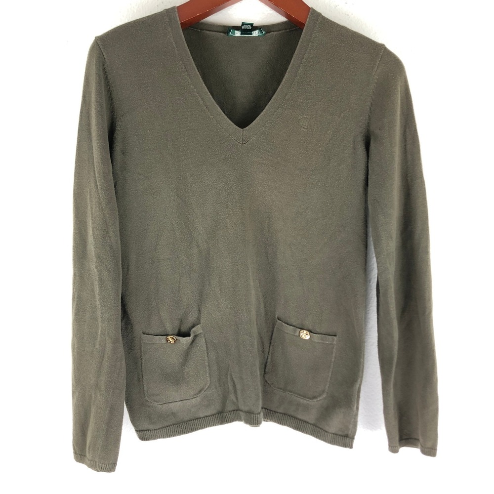 Ralph Lauren Womens Olive Green Cotton V-Neck Pocket Sweater Size M